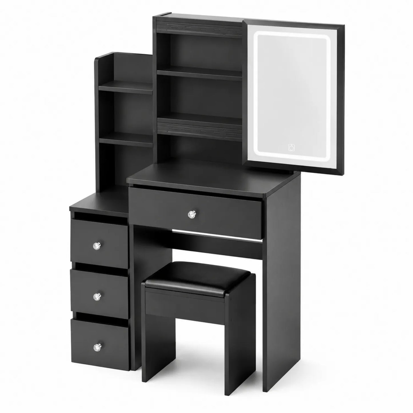 Schwarzes Schminktisch-Set aus MDF mit Lederhocker