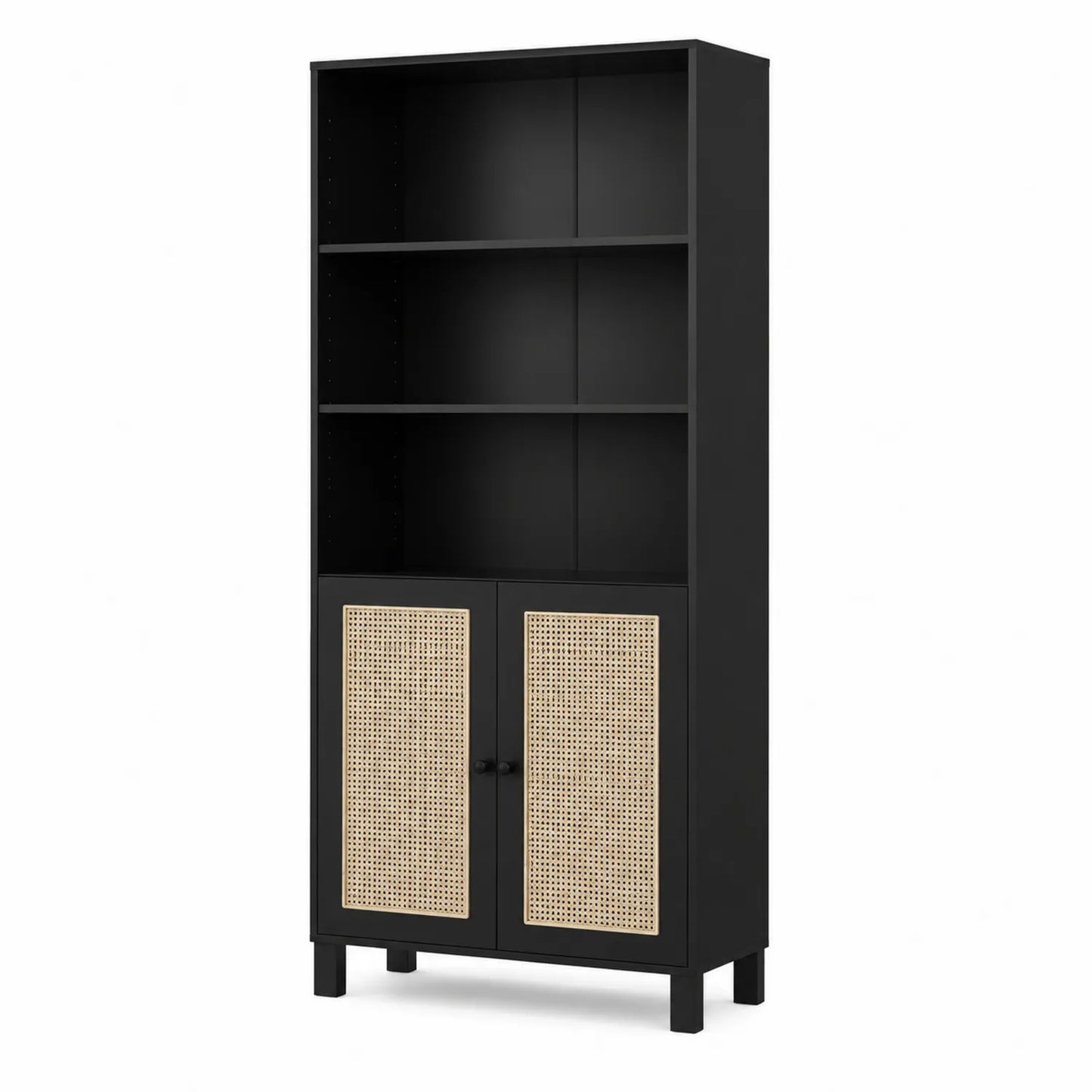 Schwarzes Bücherregal 190x80x40 cm Holz und Rattan