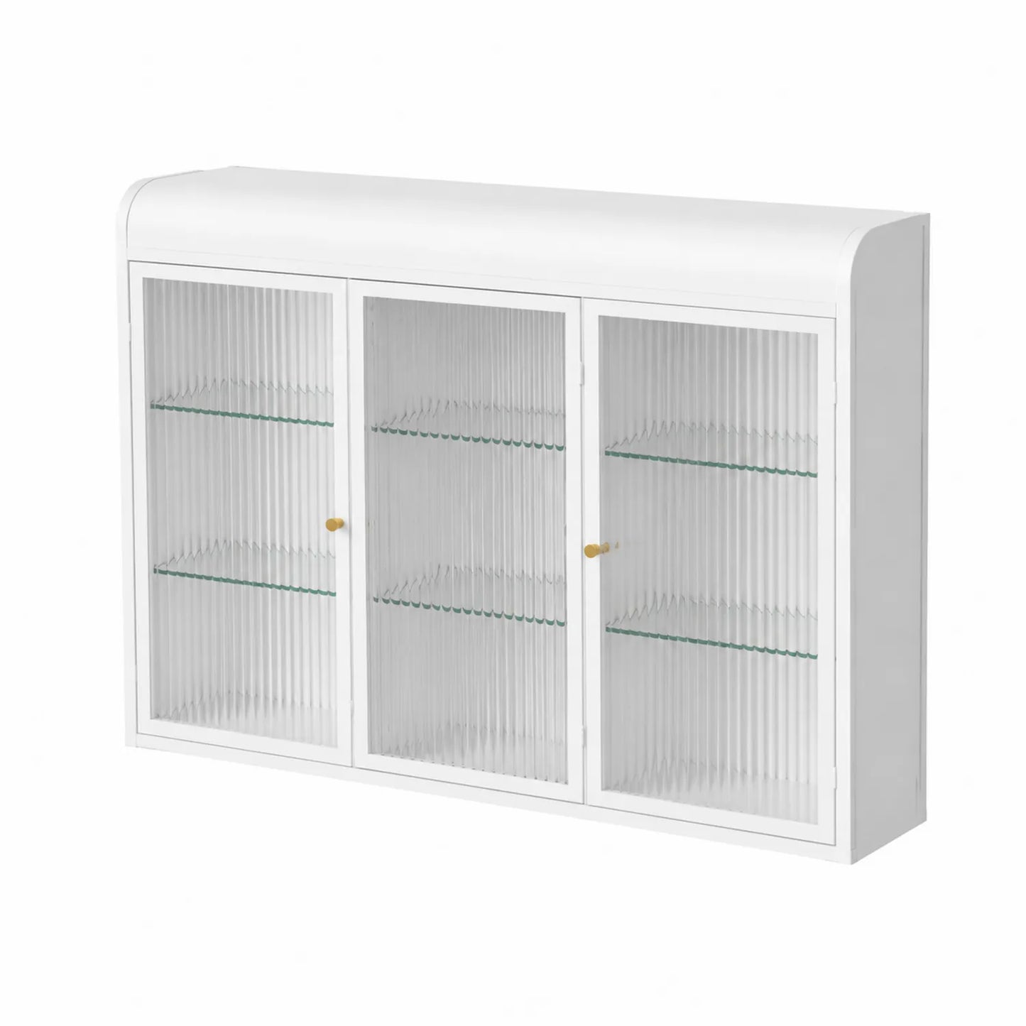 Weißer Schrank mit geriffeltem Glas und Metallbeschlägen