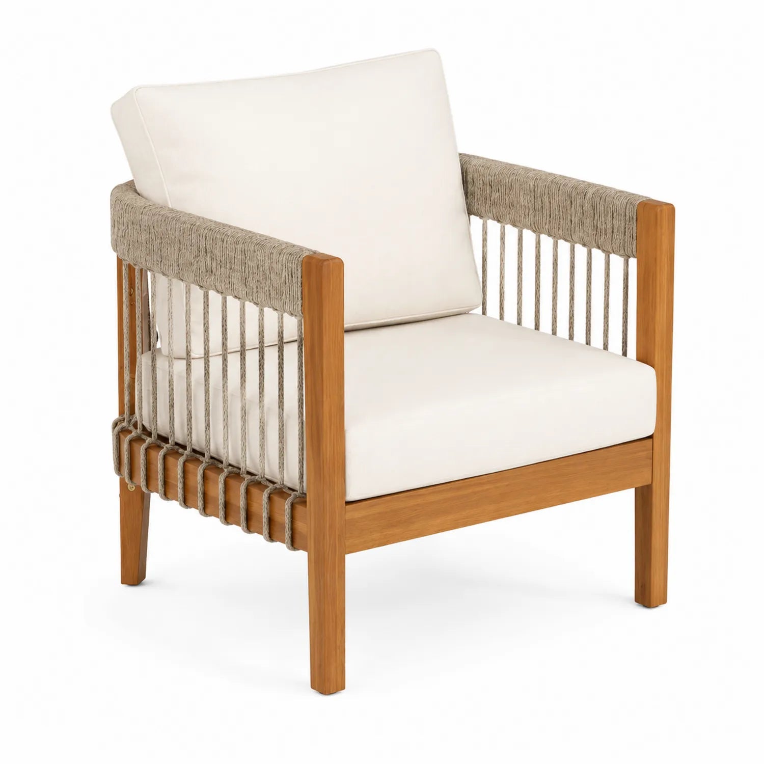Holz Sessel mit Seilgeflecht und Polyesterpolster Beige