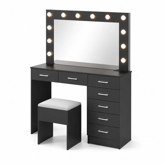 Schminktisch Set mit LED Spiegel Schwarz MDF