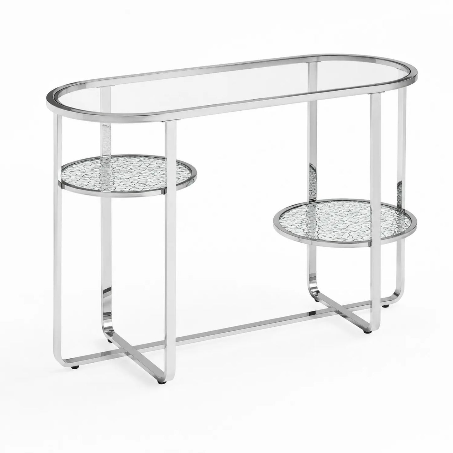 Ovaler Konsolentisch aus Glas und Edelstahl mit Ablagen
